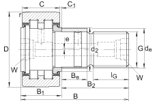 螺栓型滾輪 PWKRE52-2RS, 軸向引導(dǎo)，滿裝圓柱滾子，帶偏心擋圈，兩側(cè)唇密封